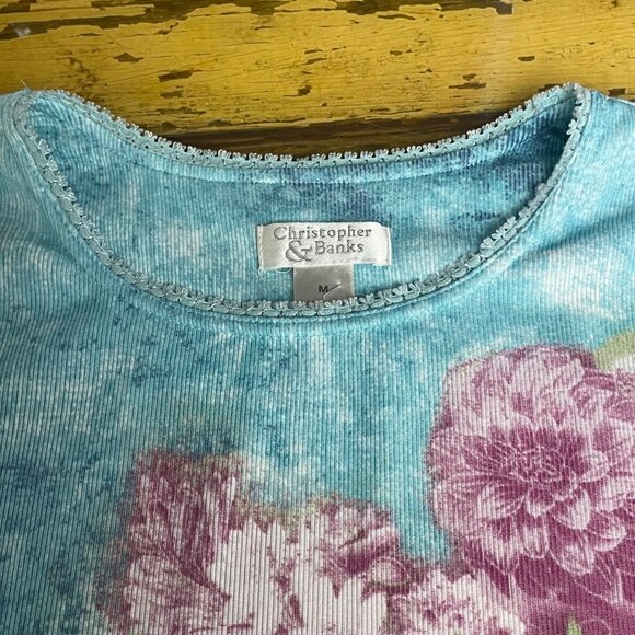 Vintage Y2K 2003 Ribbed Floral Stretch Top Sz MED Christopher & Banks - Picture 3 of 7